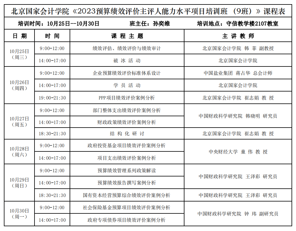 《2023预算绩效评价主评人能力水平项目培训班 （9班）》课程表